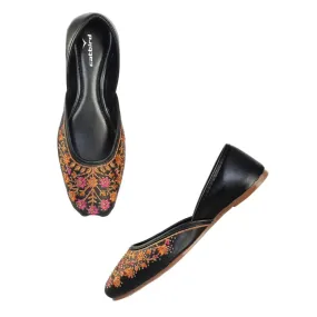 Fabulous Black Faux Leather Embroidered With Stone Work Ethnic Punjabi Jutis For Women