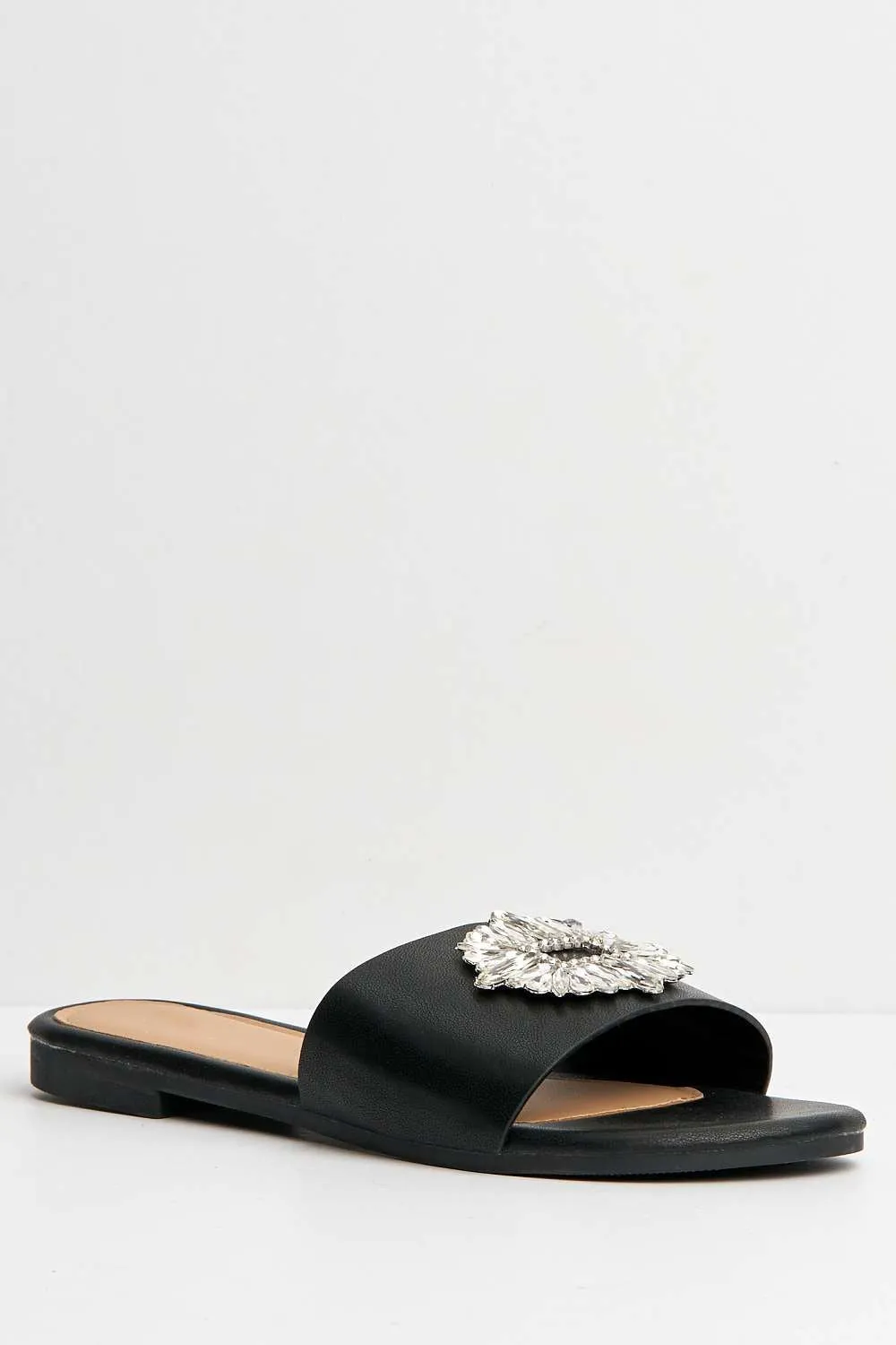 Finee Diamante Broach Flat Sliders in Black