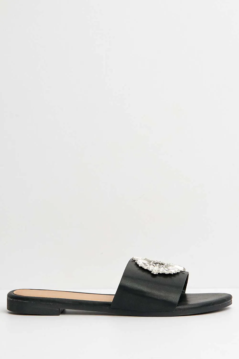 Finee Diamante Broach Flat Sliders in Black