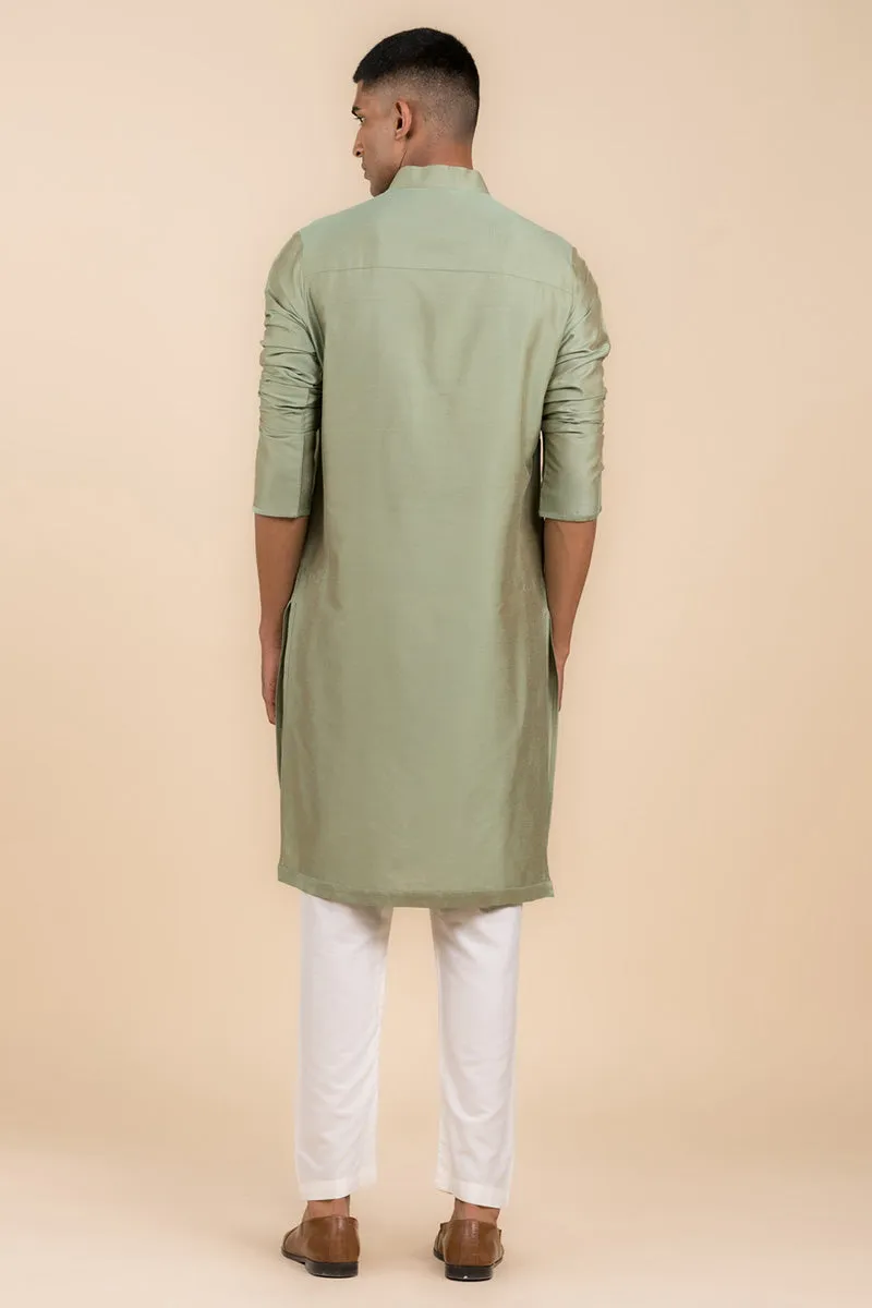 Green Single Kurta With Zero Point Collar
