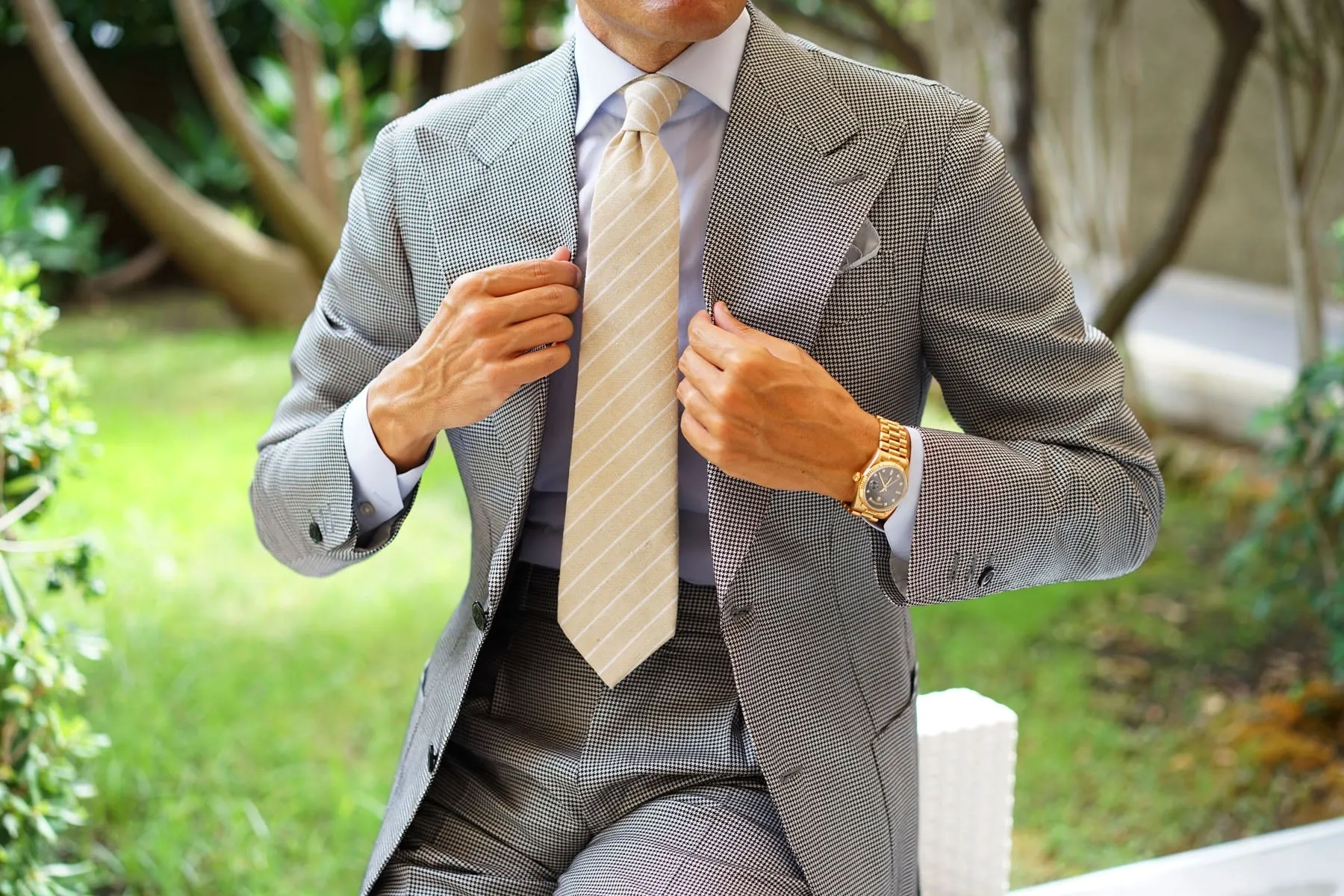 Linen Tie - Pinstripe - Khaki with White