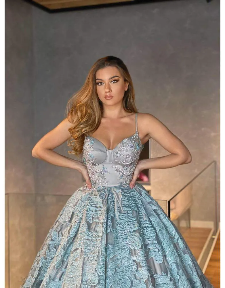 Luxury Evening Gown White and Blue Shiny