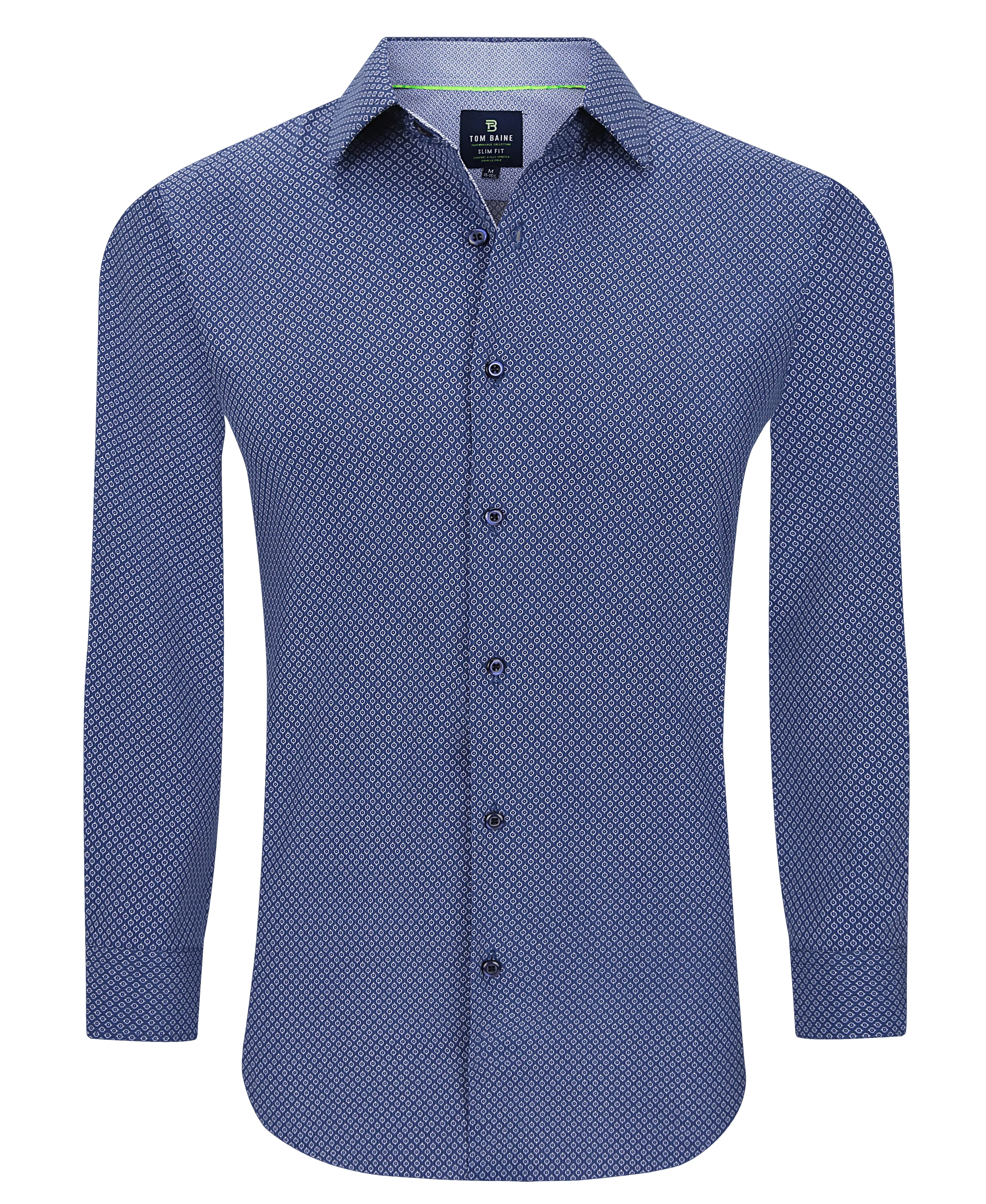 Men's Slim Fit Performance  Long Sleeve Navy Printed Shirts