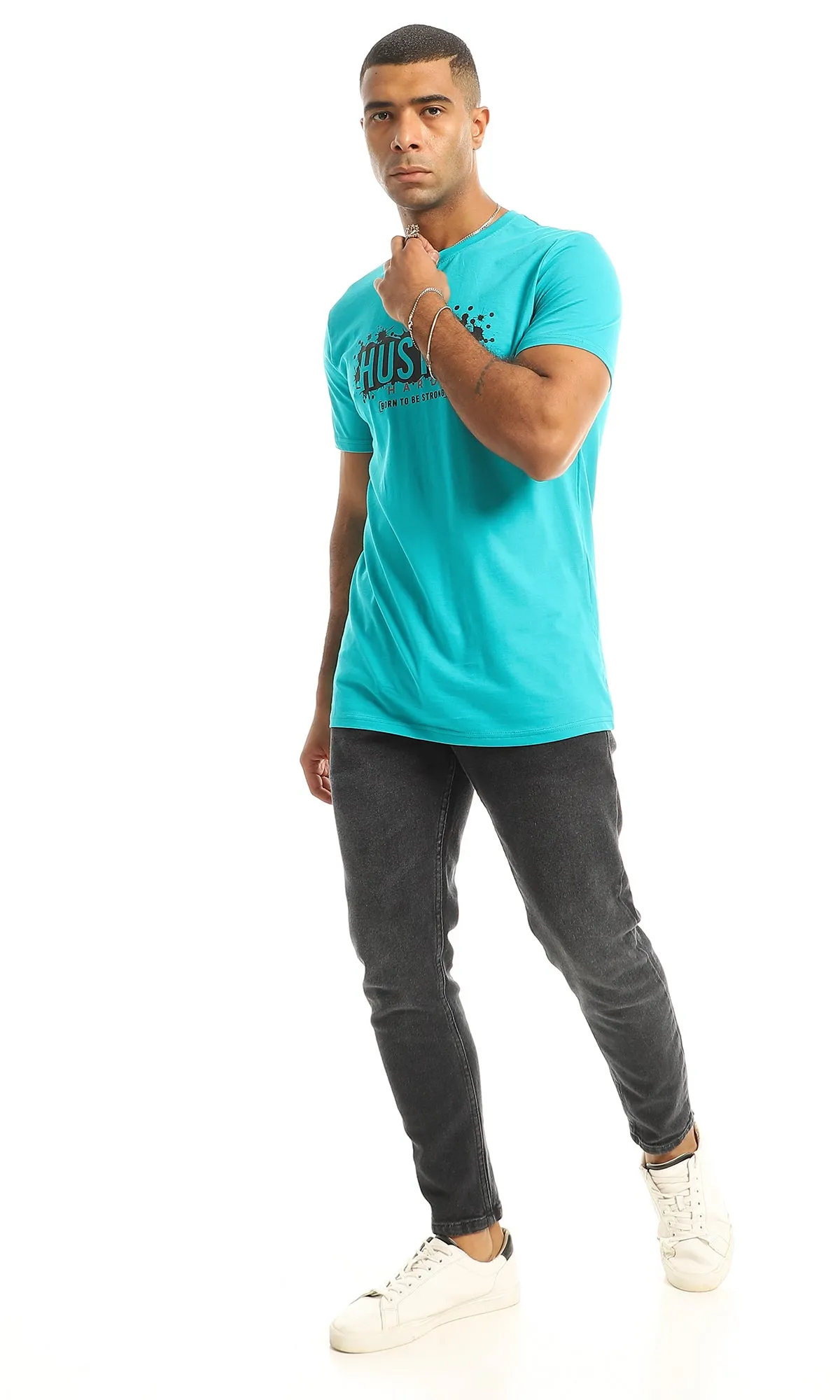 O154997 Chest Printed "Hustle" Dark Turquoise Tee