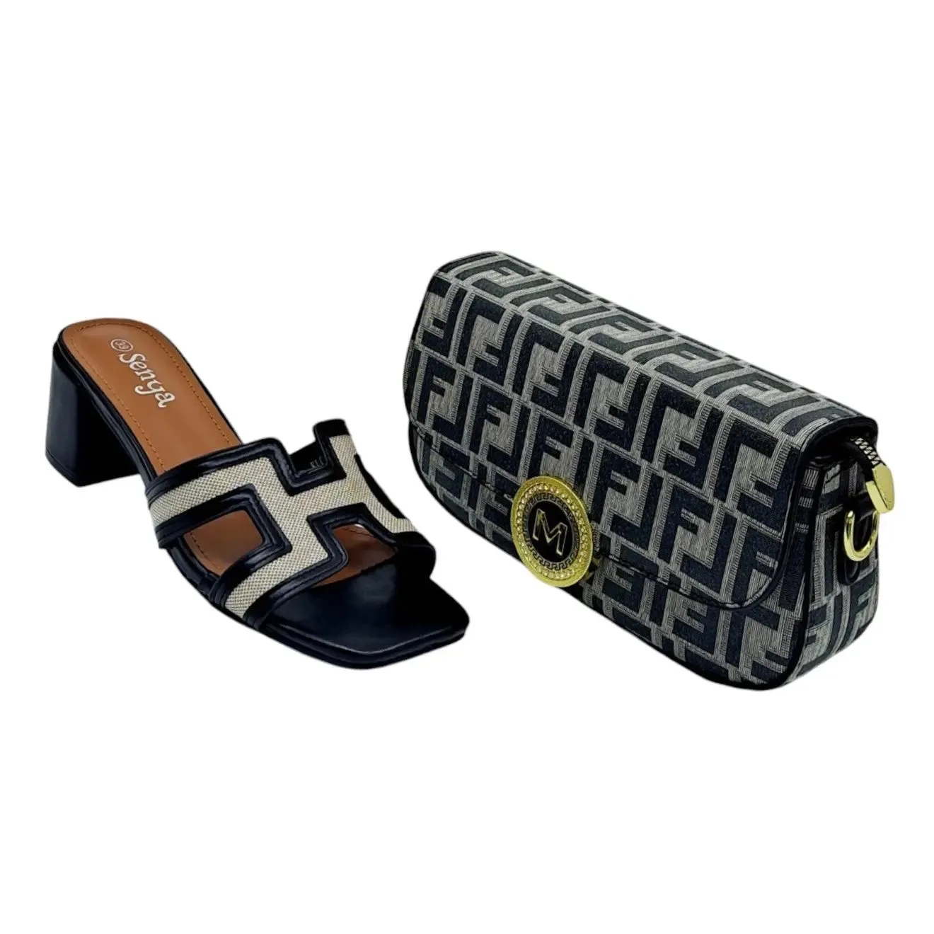 Senya Block Heels and Monogram Shoulder Bag Set